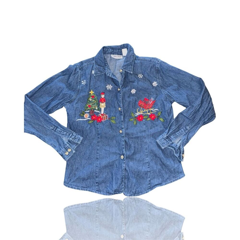 Vintage Women's M Christmas Embroidered Denim Shirt by Cabin Creek: Holidays